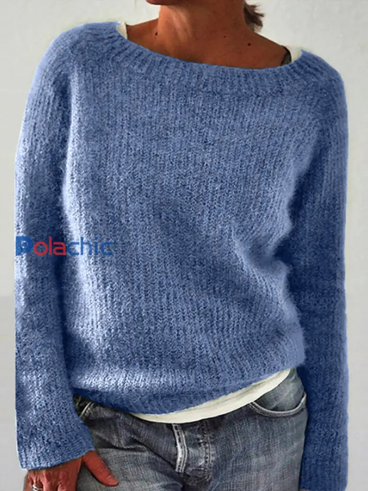 Chandail islandais ras du cou des femmes Loose Pullover Bleu clair / S