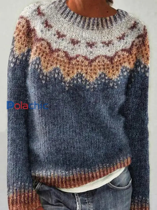 Chandail islandais ras du cou des femmes Loose Pullover Bleu / S