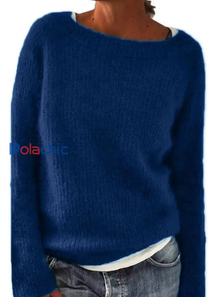 Chandail islandais ras du cou des femmes Loose Pullover Bleu / S