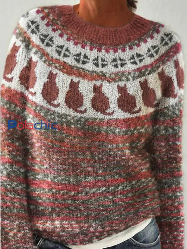 Chandail islandais ras du cou des femmes Loose Pullover Marron / S