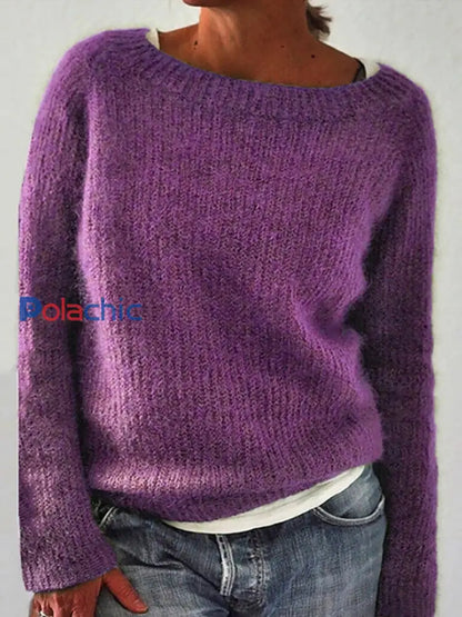 Chandail islandais ras du cou des femmes Loose Pullover Violet / S