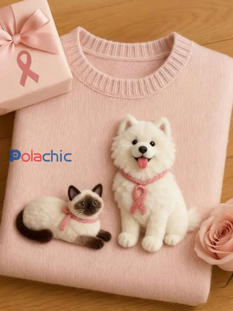 Chandail régulier animal mignon de conscience de cancer du sein des femmes Rose / S