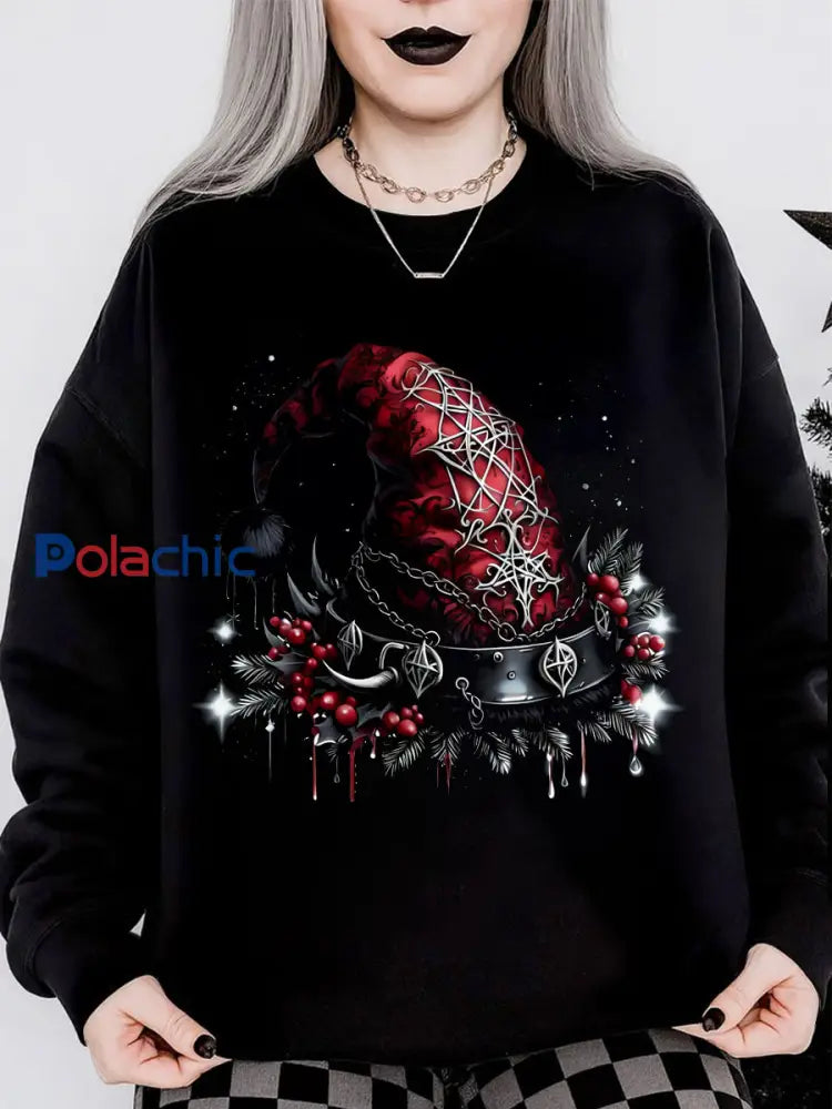 Chapeau de Noël gothique imprimé à manches longues col rond Sweat à capuche pour femmes Noir / S