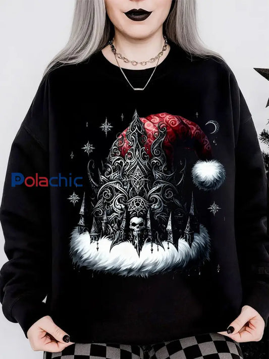 Chapeau de Noël gothique imprimé à manches longues col rond Sweat à capuche pour femmes Noir / S