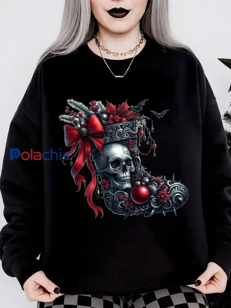 Chapeau de Noël gothique imprimé manches longues col rond Sweatshirt Noir / S