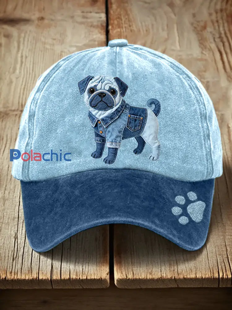 Chapeau unisexe de modèle de patchwork de denim de chien de carlin Bleu / ONE