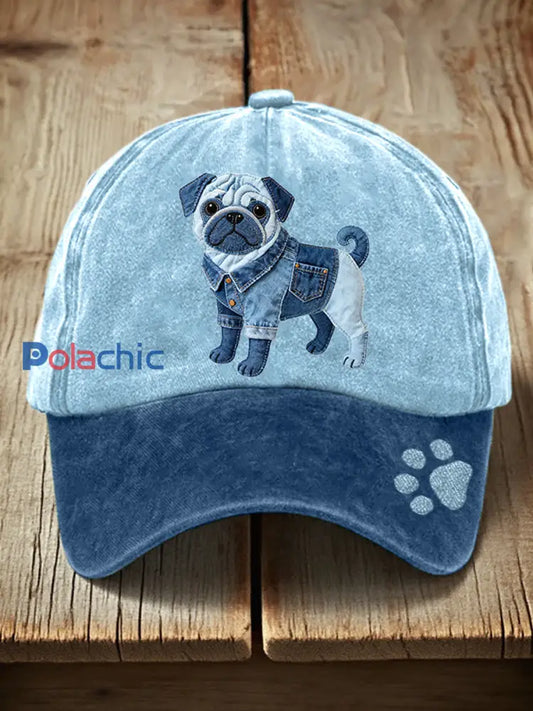 Chapeau unisexe de modèle de patchwork de denim de chien de carlin Bleu / ONE