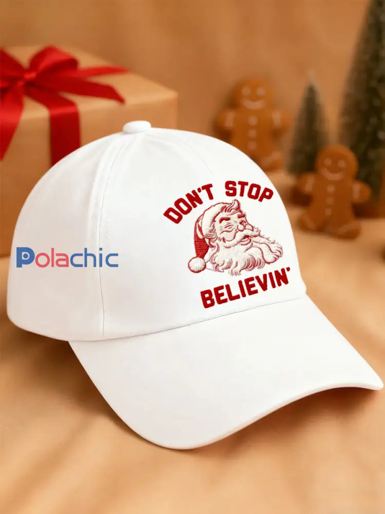 Chapeau unisexe de Noël Don’t Stop Believin ’Santa Claus Print Blanc / UN