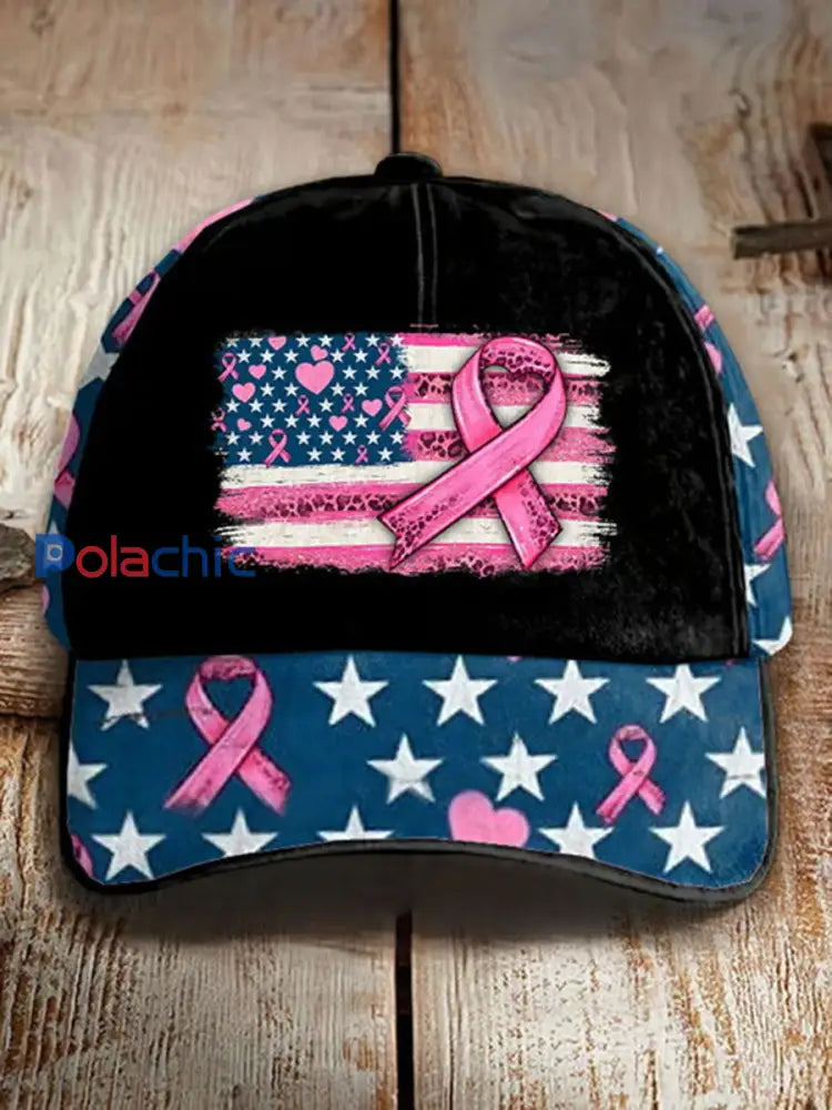 Chapeau unisexe décontracté à imprimé ruban rose sensibilisation au cancer du sein Noir / ONE
