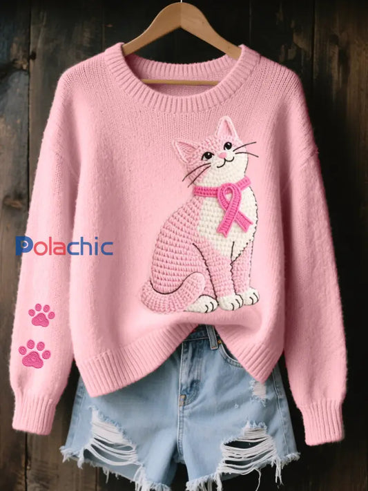 Charmant Chat Crochet Motif Cozy Tricot Pull Femme Rose / S