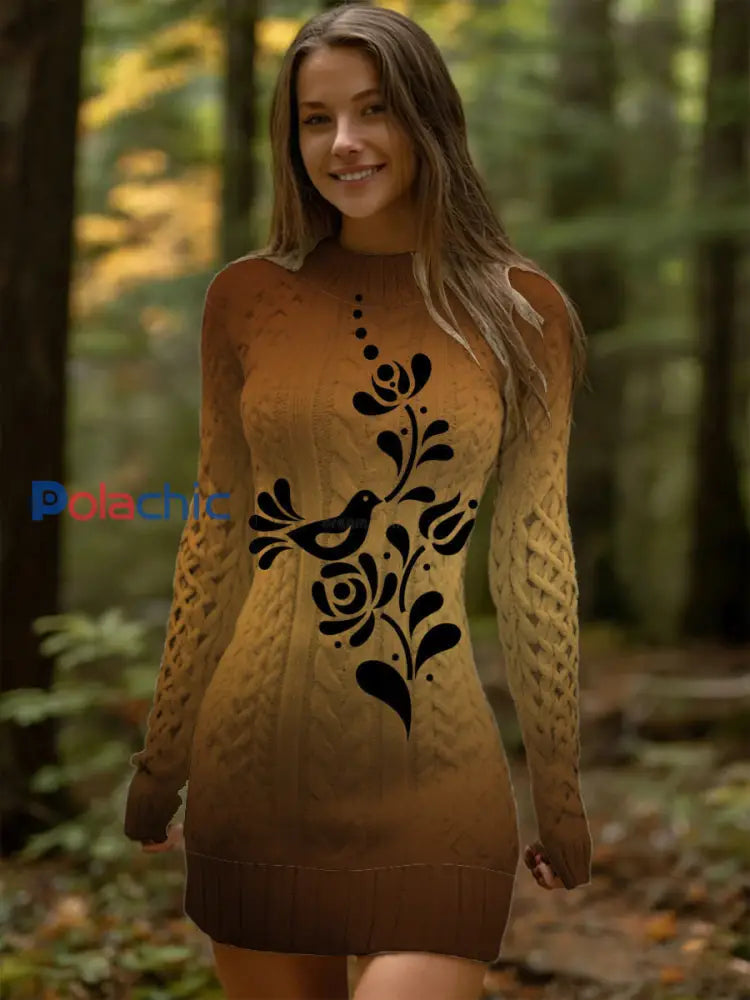 Charmant Ombre Brun Oiseau & Fleur Tricoté Robe Femme Multicolore / S