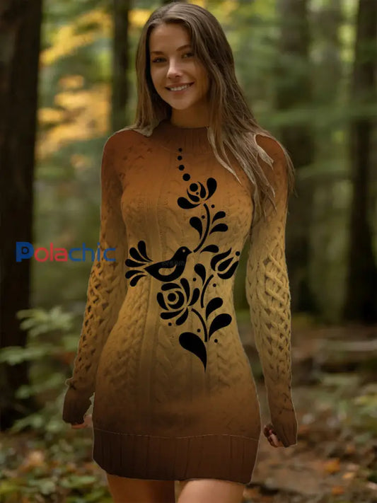 Charmant Ombre Brun Oiseau & Fleur Tricoté Robe Femme Multicolore / S