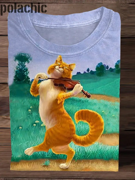 Chat Vintage Jouant Du Violon Art Print Fashion T-Shirt