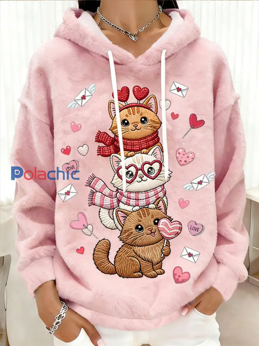 Chats mignons chérie des femmes Imprimer Flanelle Casual Hoodie Rose / S