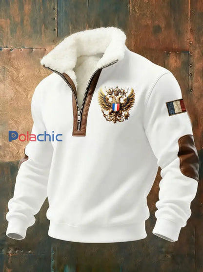 Chemise à col en peluche imprimée à motifs français pour hommes Blanc / S