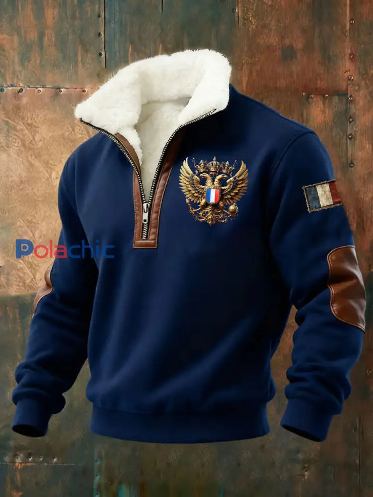 Chemise à col en peluche imprimée à motifs français pour hommes Bleu Marine / S