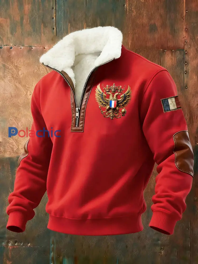 Chemise à col en peluche imprimée à motifs français pour hommes Rouge / S