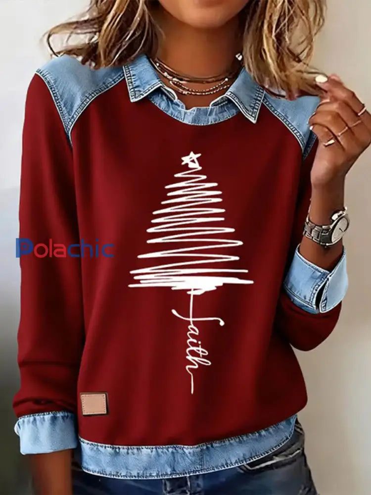 Chemise à imprimé sapin de Noël Fith Femme rouge profond / S