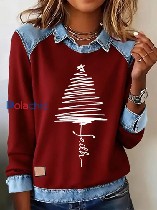 Chemise à imprimé sapin de Noël Fith Femme rouge profond / S