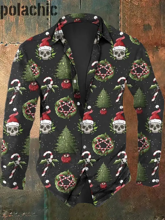 Chemise À Manches Longues Décontractée Imprimé Crâne De Noël Pour Hommes Comme Image / S