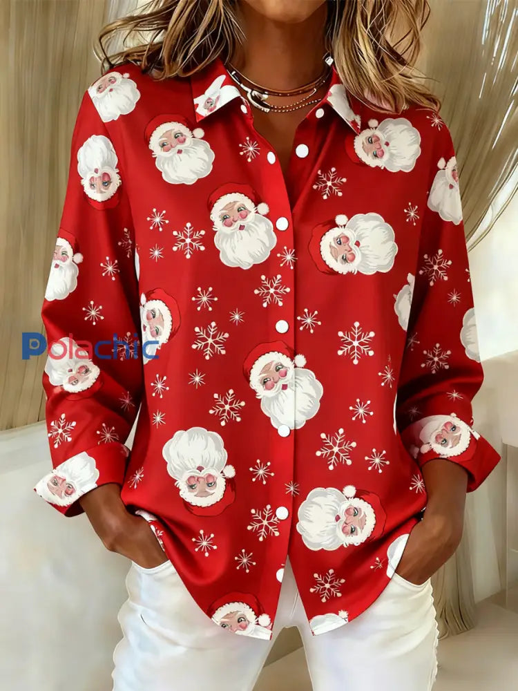Chemise à manches longues décontractée à imprimé Père Noël pour femmes Rouge / S