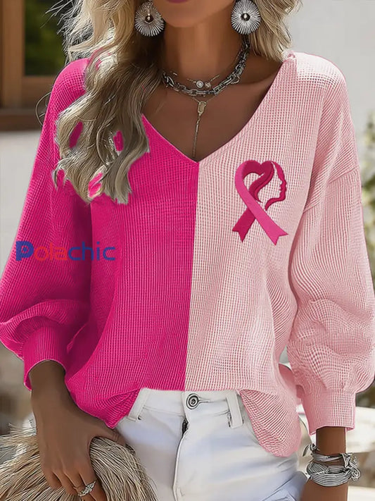 Chemise à manches longues décontractée à imprimé sensibilisation au cancer du sein pour femmes Rose / S