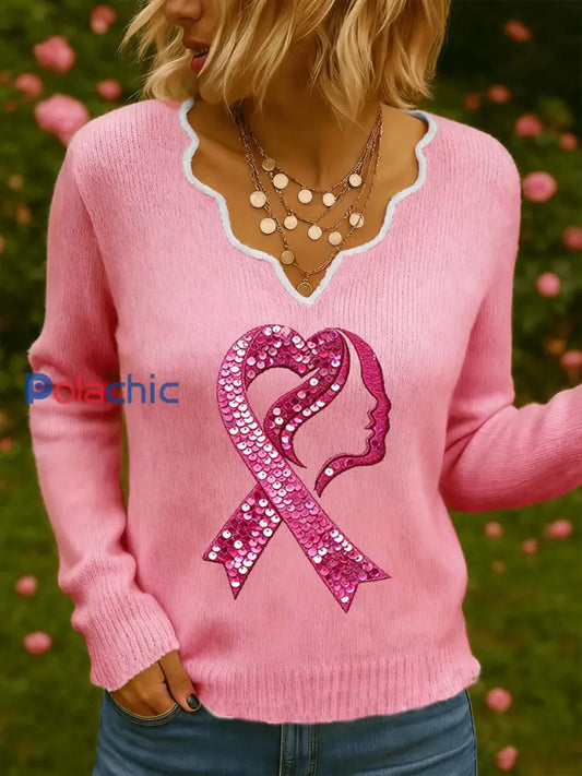 Chemise à manches longues décontractée à imprimé sensibilisation au cancer du sein pour femmes Rose / S