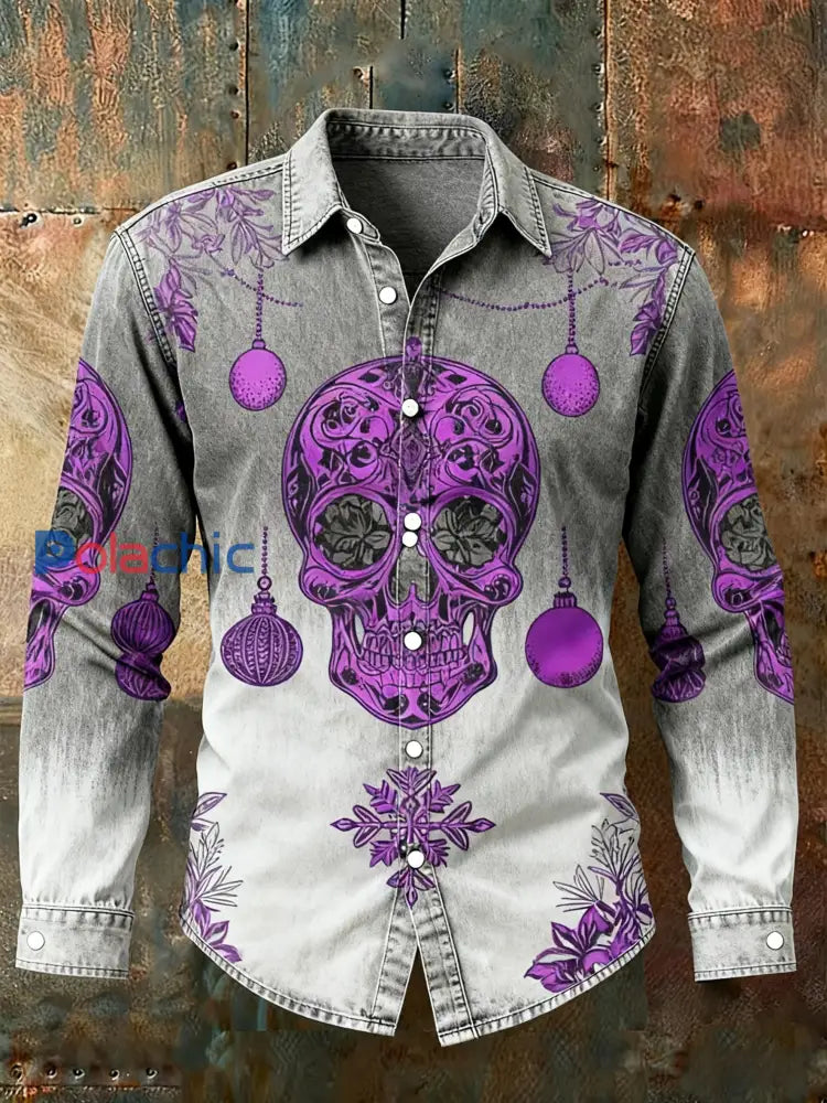 Chemise à manches longues décontractée rétro Punk Christmas Skull Lantern Gradient Abstract Print Gris / S