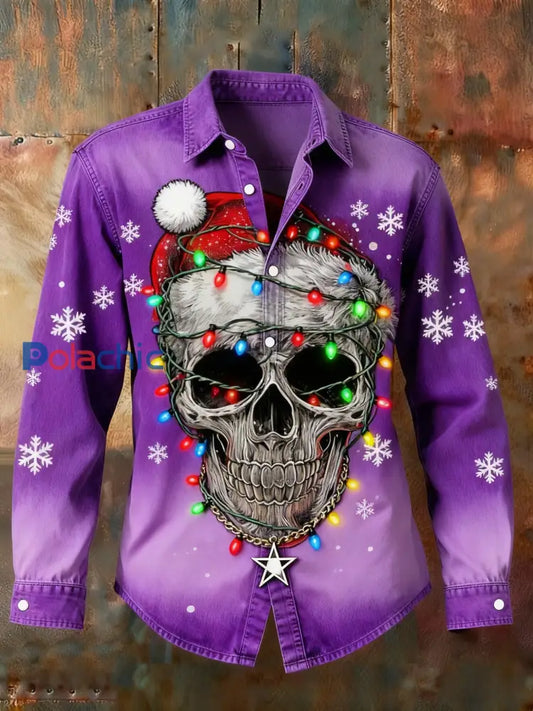Chemise à manches longues décontractée rétro Punk Christmas Skull Lantern Gradient Abstract Print Violet / S