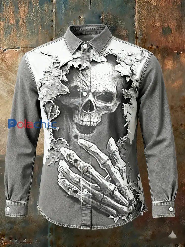 Chemise à manches longues décontractée rétro Punk Christmas Skull Larme Abstract Print Gris / S