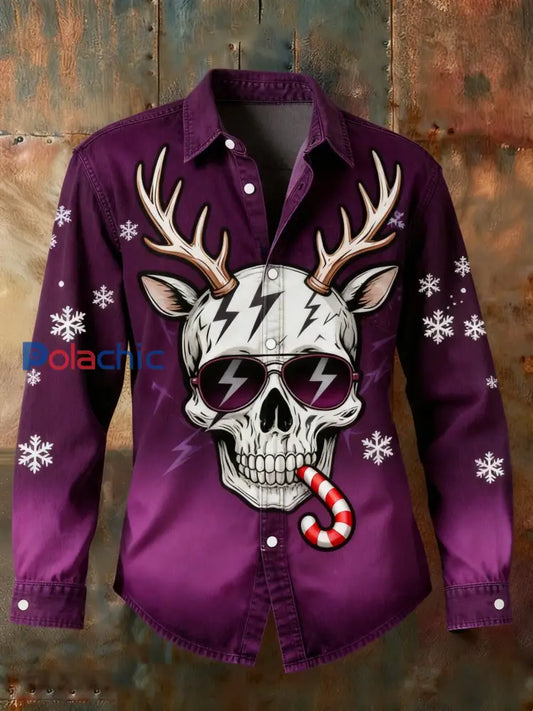Chemise à manches longues décontractée rétro Punk Christmas Skull Lightning imprimé abstrait pour hommes Violet / S