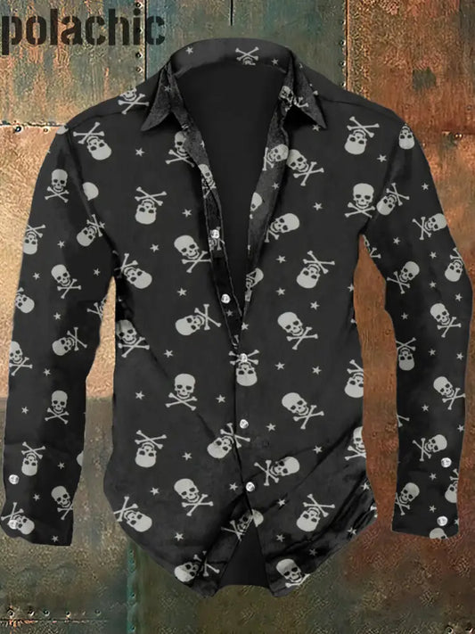 Chemise À Manches Longues Revers De Mode Casual Imprimé Crâne Rétro Pour Hommes Gris Foncé / S