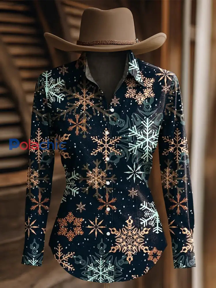 Chemise à manches longues western à imprimé flocon de neige de Noël pour femmes comme image / S