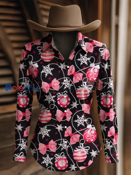 Chemise à manches longues western à imprimé lanterne de Noël pour femmes comme image / S
