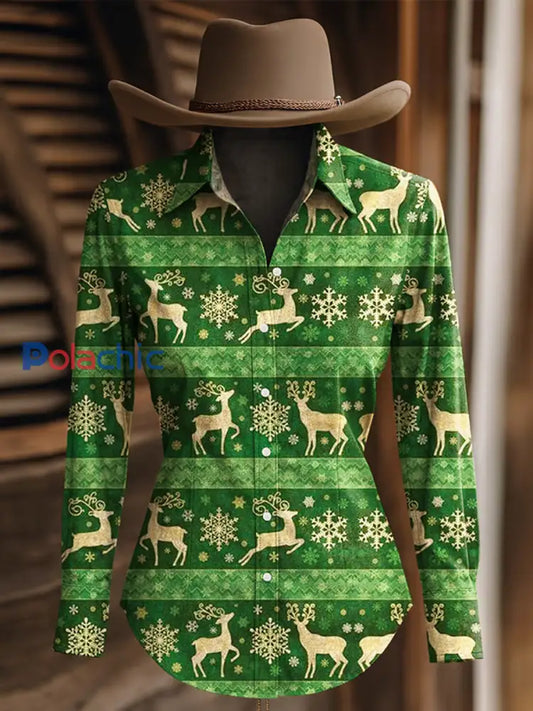 Chemise à manches longues western à imprimé lanterne de Noël pour femmes Vert / S