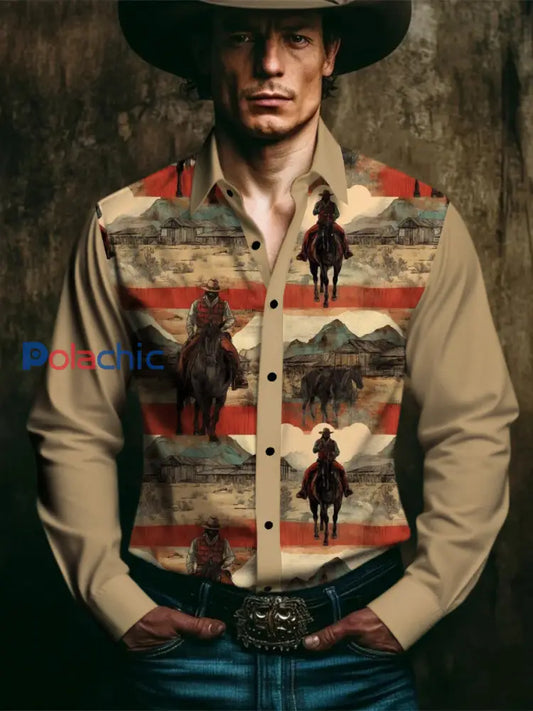 Chemise à manches longues Western Style Print Homme Marron / S