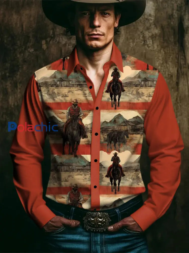 Chemise à manches longues Western Style Print Homme Rouge / S
