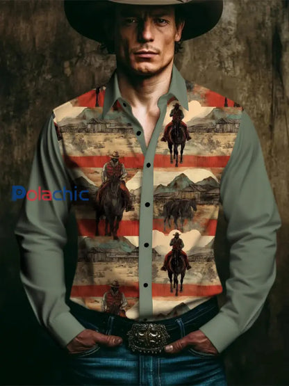 Chemise à manches longues Western Style Print Homme Vert / S