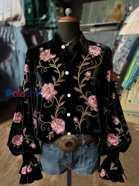 Chemise à manches longues Western Vintage Floral Print Femme comme image / S