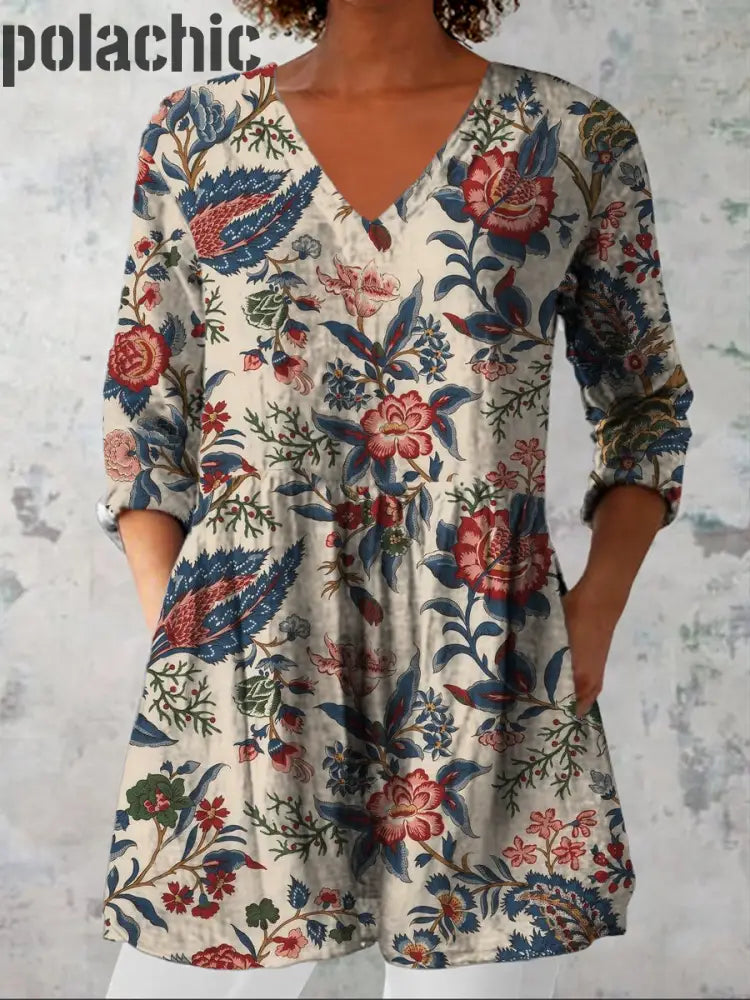 Chemise À Manches Trois-Quarts Col En V Imprimé Floral Pour Femmes A / S