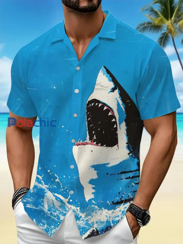 Chemise de vacances à manches courtes à imprimé requin pour hommes Bleu / S
