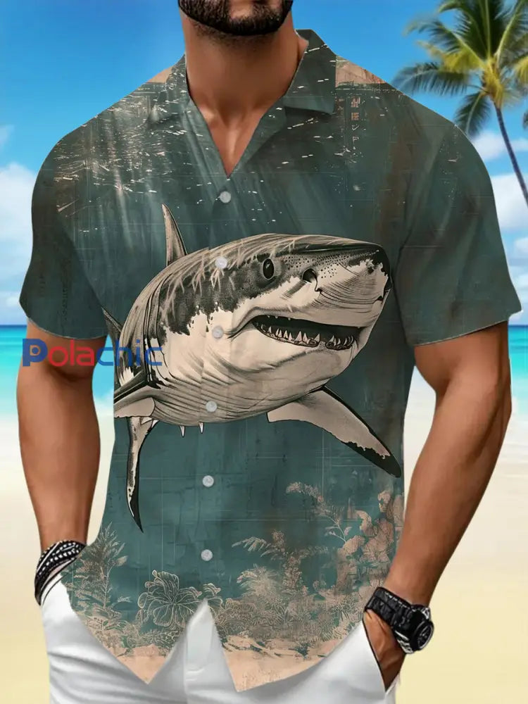 Chemise de vacances à manches courtes à imprimé requin vintage pour hommes Vert Jade / S