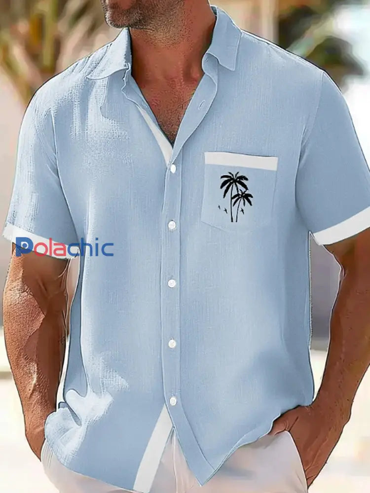 Chemise de vacances décontractée à imprimé plantes tropicales cocotier pour hommes Bleu / S