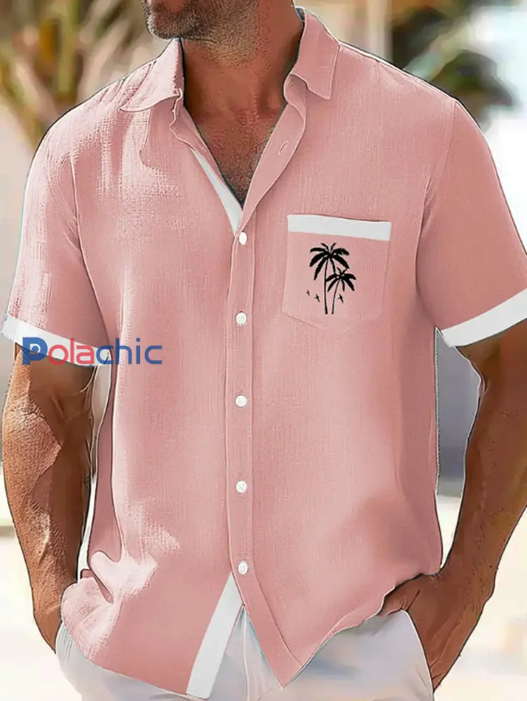 Chemise de vacances décontractée à imprimé plantes tropicales cocotier pour hommes Rose / S