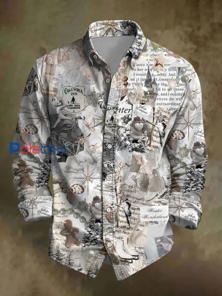 Chemise décontractée à imprimé de Noël rétro pour hommes comme image / S
