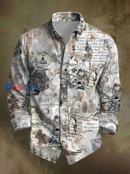 Chemise décontractée à imprimé de Noël rétro pour hommes comme image / S