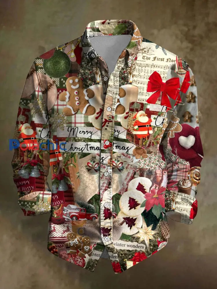 Chemise décontractée à imprimé de Noël rétro pour hommes comme image / S