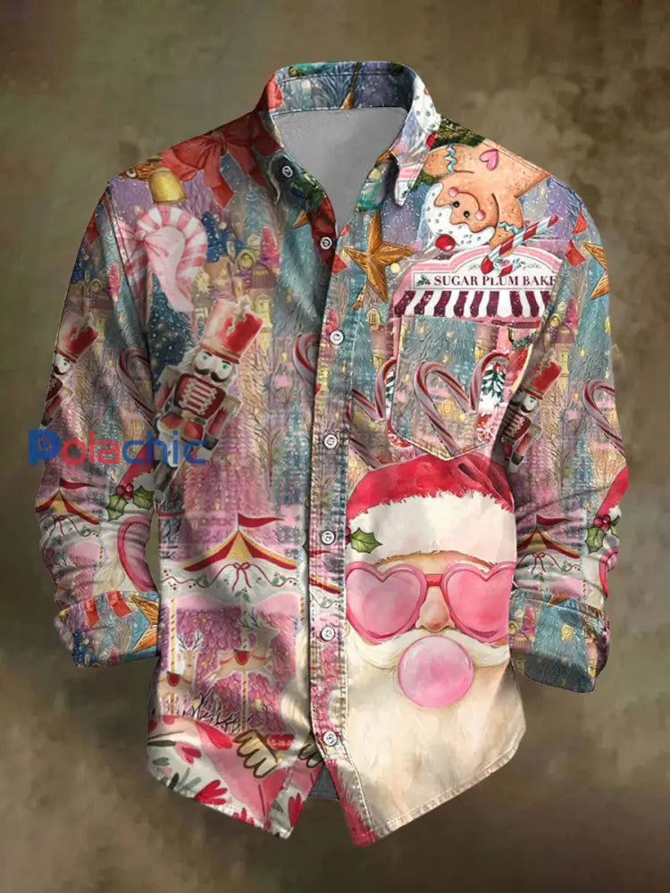 Chemise décontractée à imprimé de Noël rétro pour hommes comme image / S