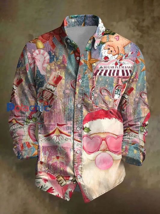 Chemise décontractée à imprimé de Noël rétro pour hommes comme image / S