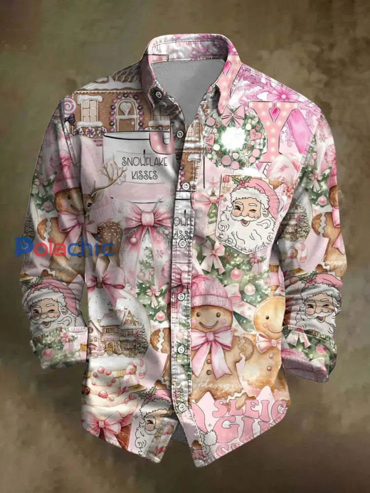Chemise décontractée à imprimé de Noël rétro pour hommes Rose / S